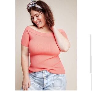 Anthropologie Ribbed Coral Pink Minuet Off The Shoulder Knit Top Womens